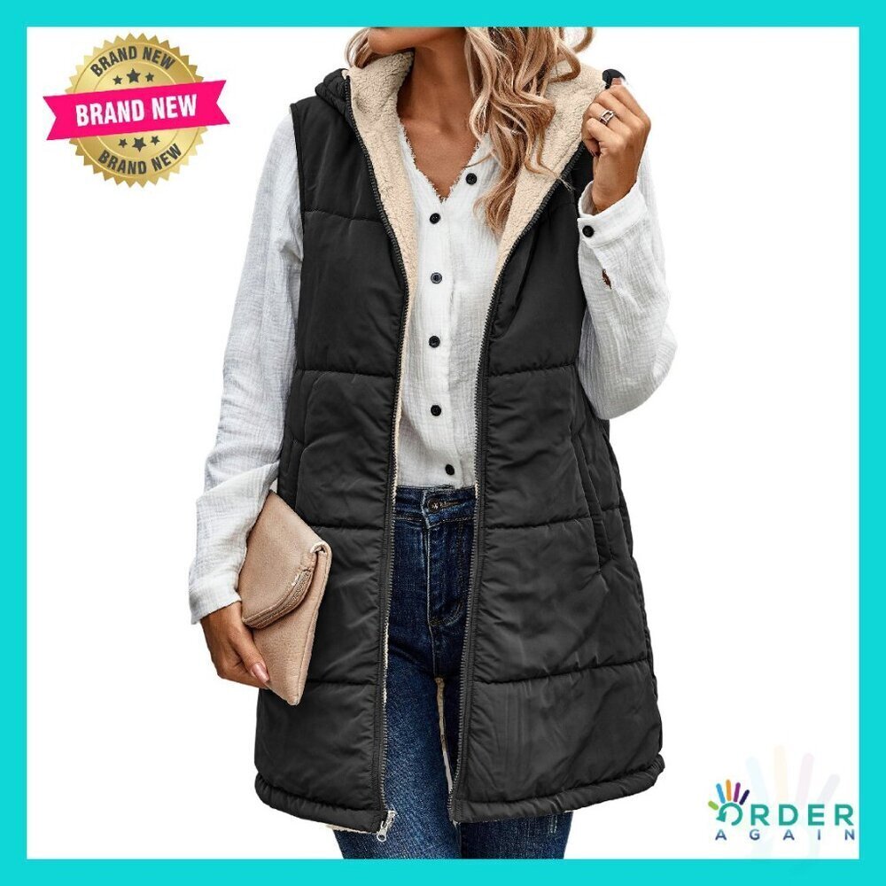 Reversible Fleece Lined Puffer Vest Hooded Sleeveless Coat Y2K Chic